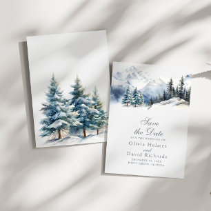 Rustieke Aquarel Sneeuw Berg Dennenbomen Trouwen Save The Date
