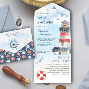 Rustieke Aquarel Vuurtoren Nautilus Baby Shower All In One Uitnodiging