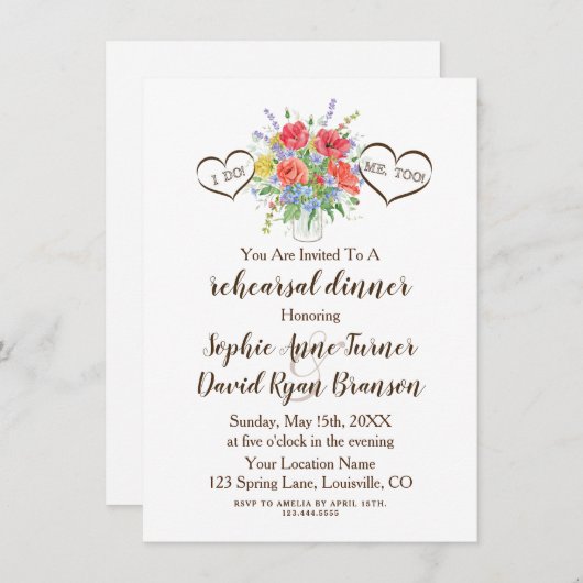 Rustieke aquarel Wild Flowers Hearts Wedding Kaart (Voorkant / Achterkant)