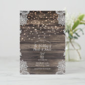 Rustieke Ash Bruin Hout Kant String Lights Wedding Kaart (Staand voorkant)