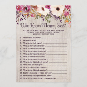 Rustieke baby shower spel Wie kent mama het beste Kaart
