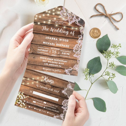 Rustieke baby's adem slingerlichtjes kant bruiloft all in one uitnodiging