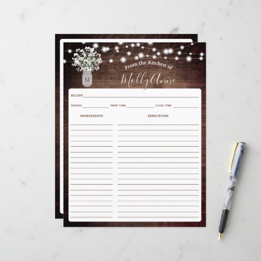 Rustieke Baby's Breath Jar Lights Receptenblad (Voorkant / Achterkant in situ)