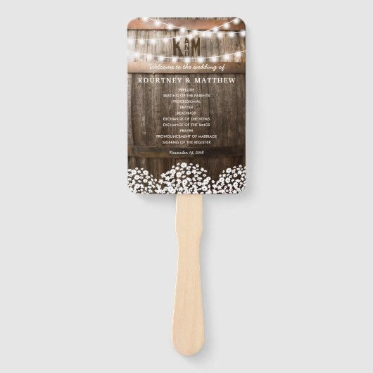 Rustieke Baby's Breath Lights Trouwprogramma Handwaaier (Voorkant)
