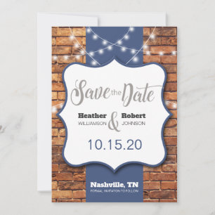 Rustieke baksteen achtergrond blauwe accenten Save The Date