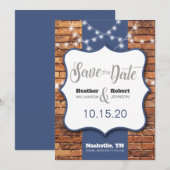 Rustieke baksteen achtergrond blauwe accenten save the date (Voorkant / Achterkant)