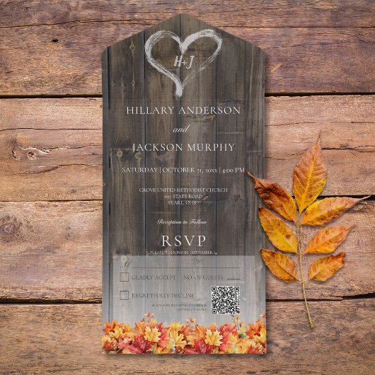 Rustieke Barnwood & Herfst bladeren QR-code All In One Uitnodiging