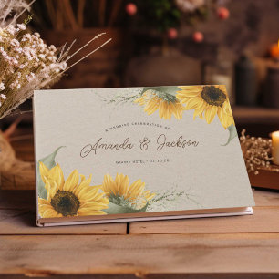 Rustieke beige aquarel zonnebloem elegante trouwda gastenboek