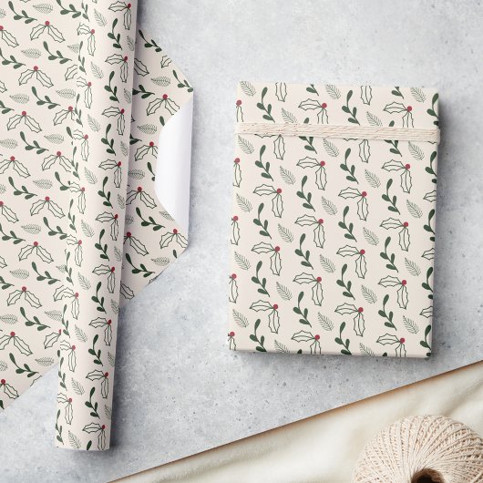 Rustieke Beige Holly Berry gebladerte Kerstmis Cadeaupapier