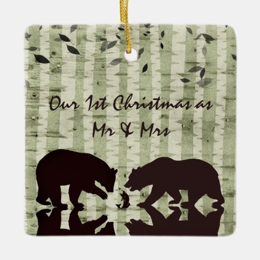 Rustieke Beren, Berkenbomen 1e Kerstmis Mr. & Mrs Keramisch Ornament (Voorkant)