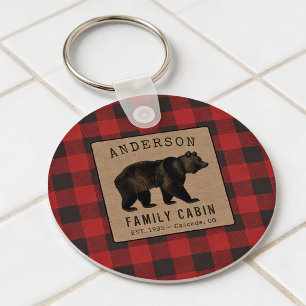 Rustieke berenfamiliehuisje Rood Buffalo geruite c Sleutelhanger
