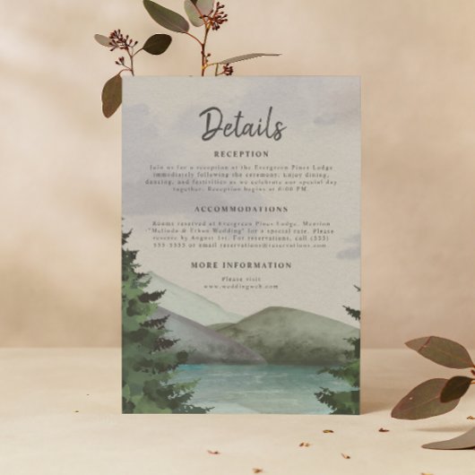 Rustieke Berg & Lake Evergreen bruiloft Informatiekaartje