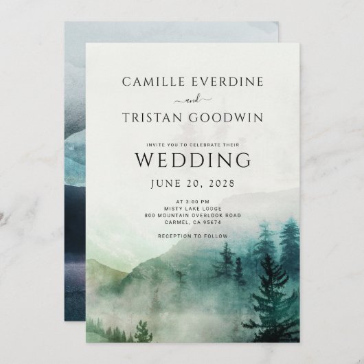 Rustieke berg mist bos bruiloft uitnodiging (Voorkant / Achterkant)