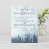 Rustieke berg pijnbomen blauw bruiloft menu (Staand voorkant)