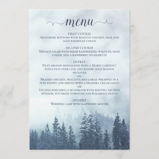 Rustieke berg pijnbomen blauw bruiloft menu (Voorkant)