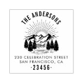 Rustieke berg, pijnbomen en zon retouradres 	rubberstempel (Afrduk)