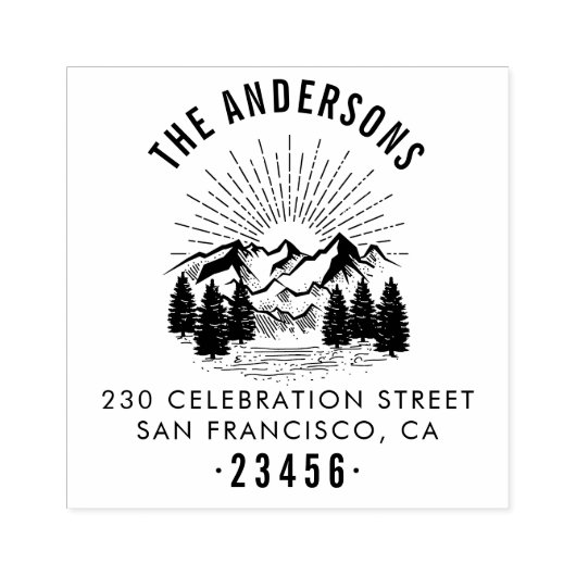 Rustieke berg, pijnbomen en zon retouradres 	rubberstempel (Afrduk)