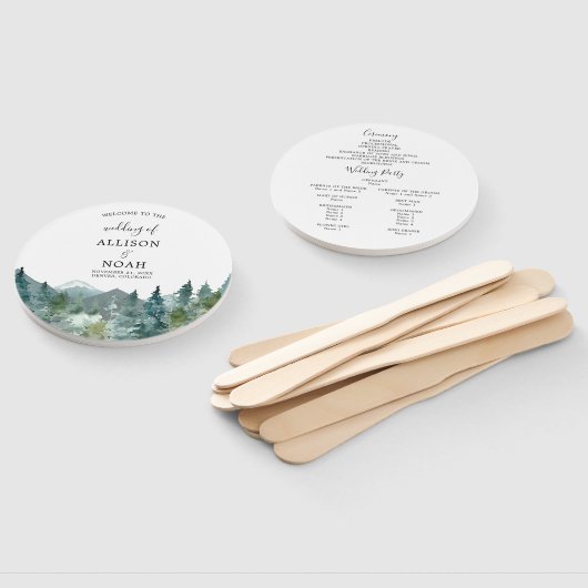 Rustieke bergen bos waterverf bruiloft programma handwaaier (Niet-gemonteerd)