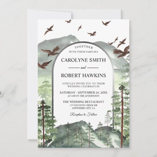 Rustieke bergen en dennenboom bos bruiloft kaart (Voorkant)