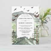 Rustieke bergen en dennenboom bos bruiloft kaart (Staand voorkant)