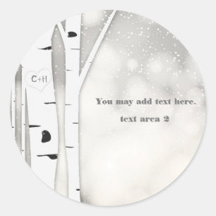 Rustieke berken winter witte besneeuwde huwelijkss ronde sticker