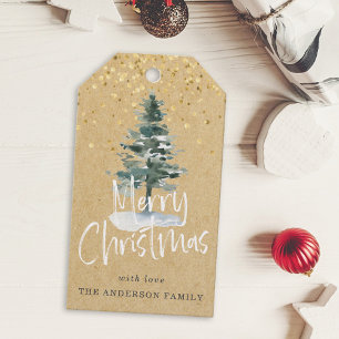 Rustieke besneeuwde kerstboom vakantie cadeaulabel