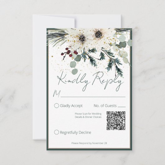 Rustieke bessen Winter Bloemen QR Code Bruiloft RSVP Kaartje (Voorkant)