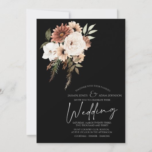 Rustieke Black en Peach Floral bruiloft uitnodigin Kaart (Voorkant)