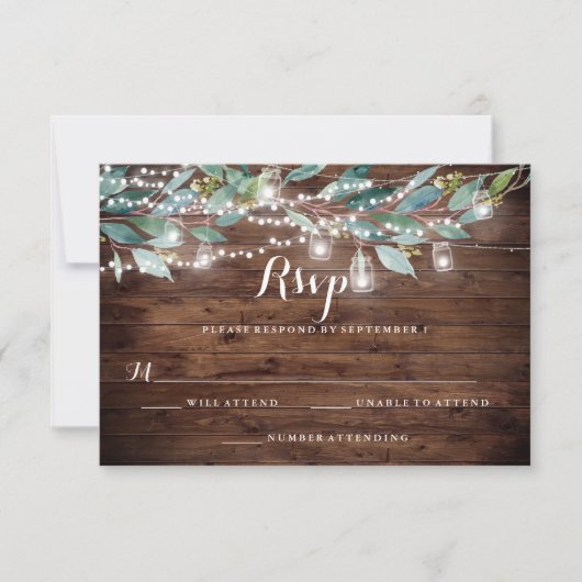 Rustieke blad slingerlichten houten bruiloft RSVP Kaartje (Voorkant)
