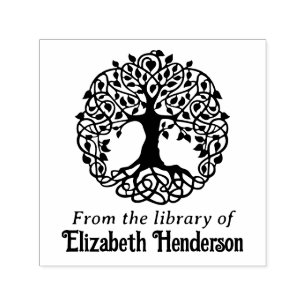 Rustieke Bladboom met Roots SQ Library Boeknaam Zelfinktende Stempel