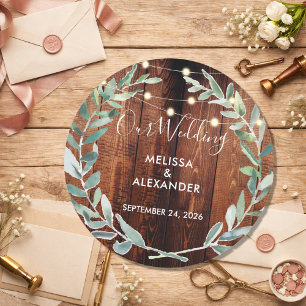 Rustieke bladeren aan houten slingerlichtjes bruil ronde sticker