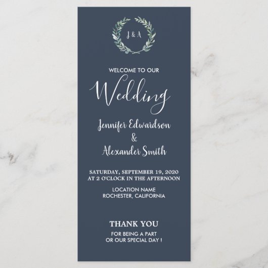 Rustieke bladeren op marineblauw huwelijksprogramm programma (Voorkant)