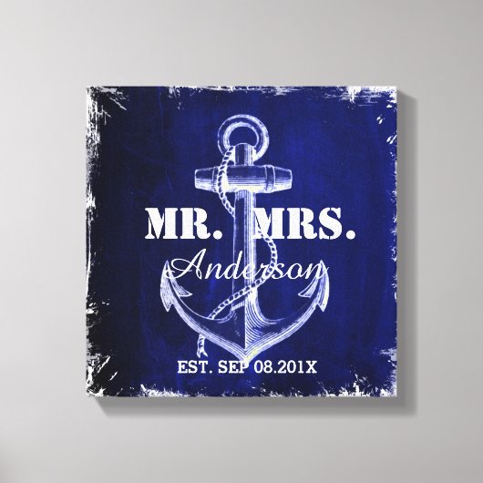 rustieke blauwe anker nautische bruiloft mr en mrs canvas afdruk (Voorkant)