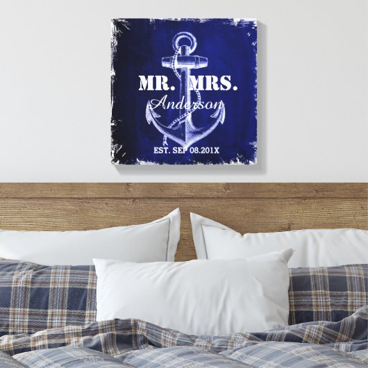 rustieke blauwe anker nautische bruiloft mr en mrs canvas afdruk (Insitu (Slaapkamer))