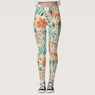 Rustieke Blauwe Bladeren En Rood-Sinaasappel Bloem Leggings