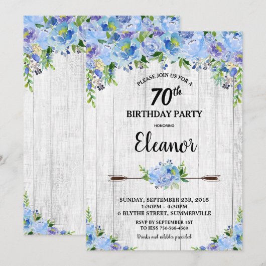 Rustieke  Blauwe Bloemen 70e Verjaardag Kaart (Voorkant / Achterkant)