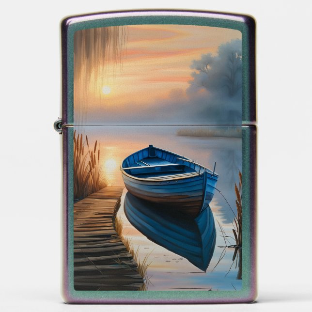 Rustieke blauwe boot Morning Sky Reflection (Front)