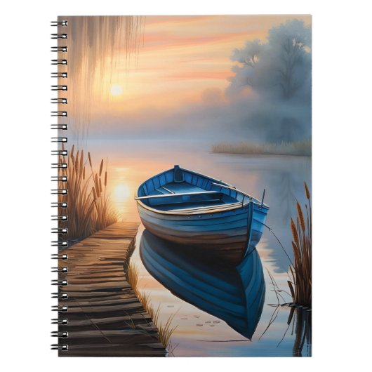 Rustieke blauwe boot Morning Sky Reflection Notitieboek (Voorkant)