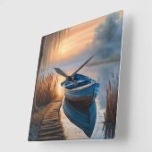 Rustieke blauwe boot Morning Sky Reflection Vierkante Klok (Hoek)