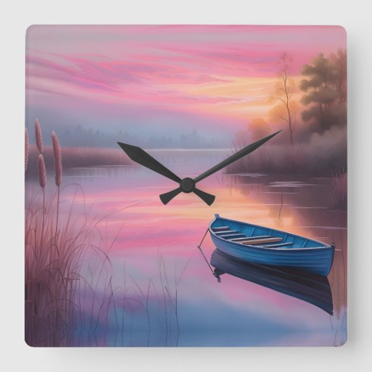 Rustieke blauwe boot roze luchten reflectie vierkante klok (Voorkant)