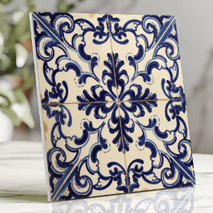Rustieke blauwe en witte majolica tegeltje