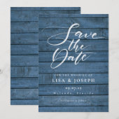 Rustieke Blauwe Houten Elegante Scriptie Bruiloft Save The Date (Voorkant / Achterkant)