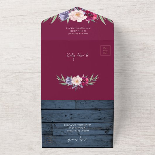 Rustieke Blauwe Houten Strijklichten | Bourgondisc All In One Uitnodiging (Buitenkant)