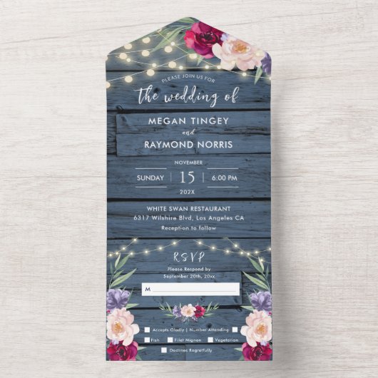 Rustieke Blauwe Houten Strijklichten | Bourgondisc All In One Uitnodiging (Binnen)