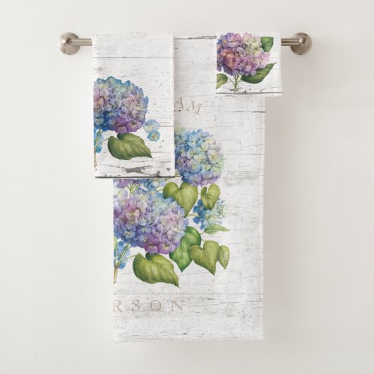 Rustieke Blauwe Hydrangea Blooms Houten Namen Mono Bad Handdoek (Insitu)