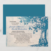 Rustieke blauwe metselaar kruiken boom bruiloft ui kaart (Voorkant / Achterkant)