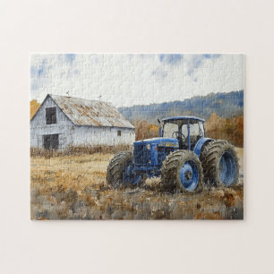 Rustieke Blauwe Tractor Witte Schuur Waterverf Legpuzzel