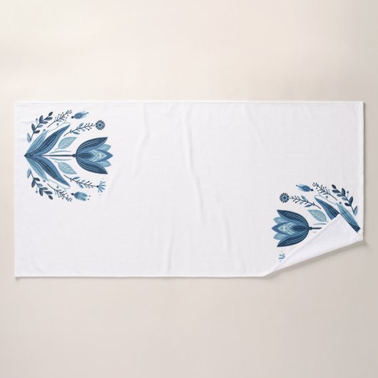 Rustieke Blauwe Tulp Bloem Folk Art Botanisch Ontw Bad Handdoek (Badhanddoek)