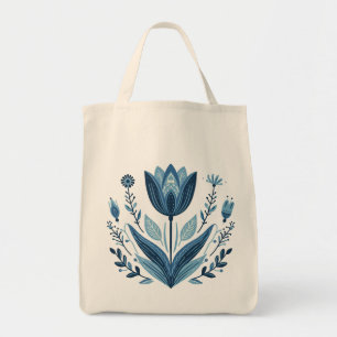 Rustieke Blauwe Tulp Bloem Folk Art Botanisch Ontw Tote Bag