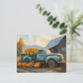 Rustieke Blauwe Vrachtwagen met Pompoenen en Zonne Briefkaart (Staand voorkant)